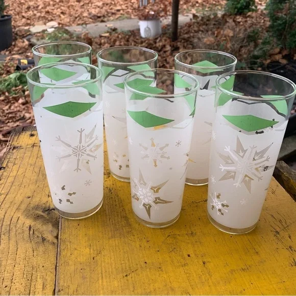Vintage Green White Snowflake Frosted Drinking Glasses Tumblers MCM Set 6 Atomic